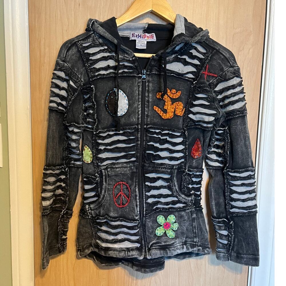Bohemian Hippie Sweatshirt Fairy Y2K Elf Hood Embroidered Patchwork Peace Sign